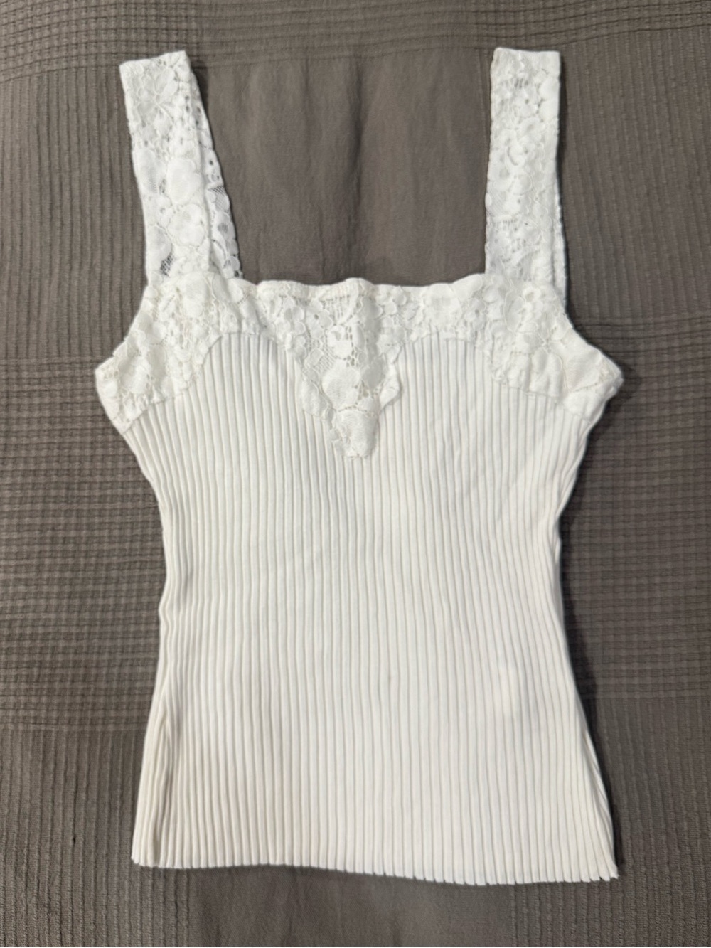Zara White Lace-Trim Ribbed Tank Top